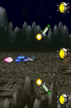 Player ship firing homing missiles at enemies diagonally above and below them