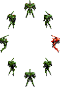 8 Zentradi Powered Suits arranged in a circle, with the rightmost one coloured red