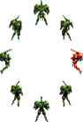 Eight Zentradi Powered Suits arranged in a circle, with the rightmost one coloured red